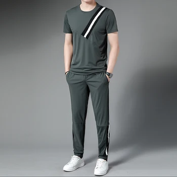 Minglu Спортни ежедневни мъжки комплекти (тениски + панталони) Луксозни мъжки костюми с къс ръкав, летни панталони с еластичен ластик на талията, мъжки комплекти 4XL