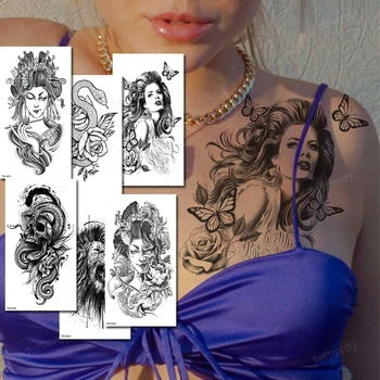 фалшива татуировка с пренасяне на вода, черно аниме, лъв, тигър, крал, кралица, секси боди-арт, змия, временни татуировки, татуировка на гърдите, ръката, рамото за мъже