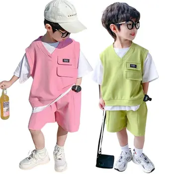 Облекло в корейски стил за малки момчета, годишен красив костюм с къс ръкав, къси панталони за малки момчета, дрехи от 2 теми, детски спортен костюм
