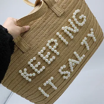 Нова ракита чанта, изработена от слама с бродерия перли и букви, модни дамски чанта