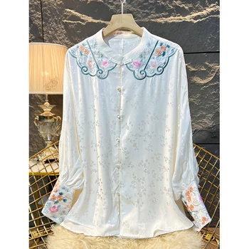 Висококачествена лятна блуза с бродерия в китайски стил, дамски модни свободна солнцезащитная риза с дълъг ръкав, най S-XXL