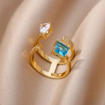 Двуслойни нередовни пръстени с цирконием за жени, отворен пръстен от неръждаема стомана със син кристал, подарък за Свети Валентин, дамски бижута