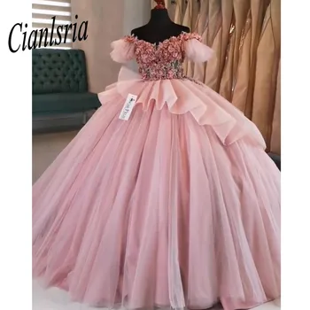 Розови буйни рокли-бална рокля с открити рамене, 3D Апликация, буйни мексикански рокли-бални рокли