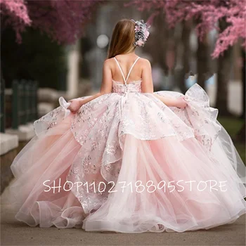 Розова бална рокля с цветя модел за момичета, сватбени рокли принцеса с тънки спагети презрамки, детско пиано представа, луксозно детско спектакъл