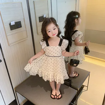 Летни детски дрехи 2023, модно принцеса рокля за момичета, украса лък, черно-бяла на цвят, новост в рокли