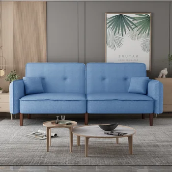 Хол, спалня, разтегателен диван-futon за почивка от синя тъкан от струпясване от масивно дърво, синя плат [В наличност в САЩ]