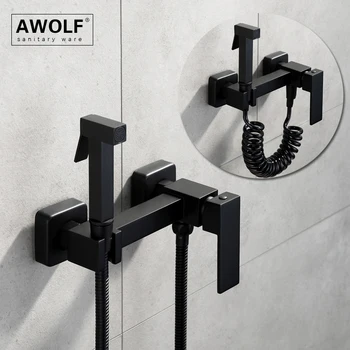 Awolf Матиран черен ръчно набиране пулверизатори за тоалетни и бидета с топла и студена вода, хигиенни душ от плътен месинг, миксер Shattaf, смесител за биде AP2113