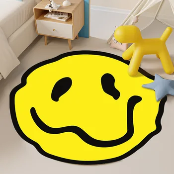 Плюшено килим с извити усмивка, мек, подходящ за интериор, пухкави килими, спалня, баня, имитация на кашмир, кръгъл килим