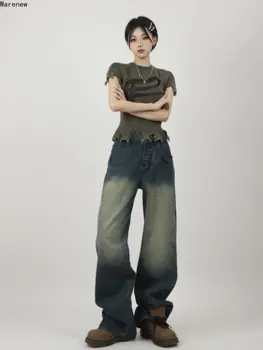 Американски реколта директни широки дънкови панталони с висока талия, дамски ежедневни широки панталони Y2K, широки дънкови панталони в стил уличен дрехи гръндж