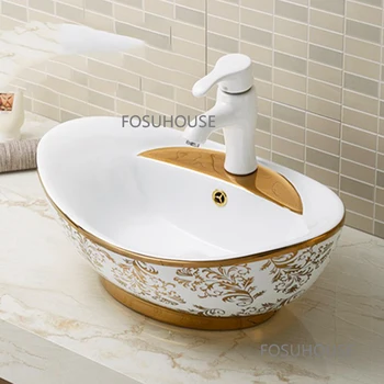 Модерна мивка в банята, златна мивка под формата на съкровища, хотелски клуб, лека луксозно обзавеждане за баня, творчески керамична мивка