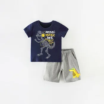 Комплект Дрехи за момчета с Динозавром от 2 до 8 години, летен Топ за деца, Памучен Тениска с къс ръкав, къси Панталони, Модерен Свободен комплект Дрехи за Бебета