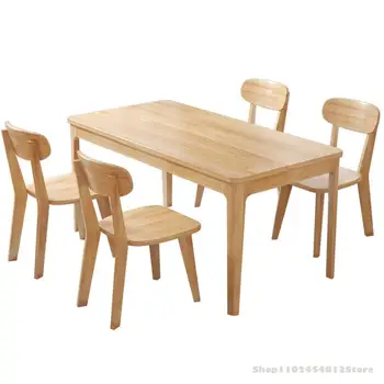 Комбинация от масата за хранене и стол от каучуково дърво, маса за Хранене от масивно дърво в скандинавски стил, правоъгълен, Модерна Проста всекидневна, правоъгълен