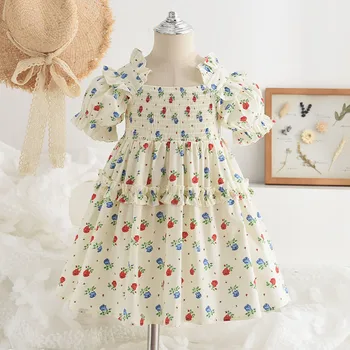 Летни Рокли за момичета, детски дрехи от 3 до 7 години, Новост 2023 г., принцеса рокля с флорални принтом и рюшами, корейската мода