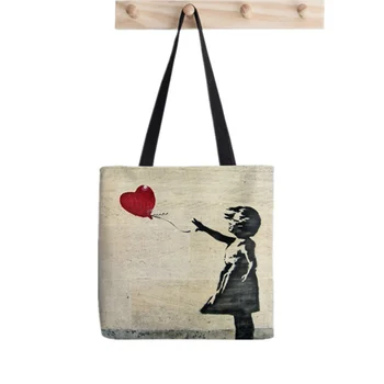 Покупательница Banksy's Girl with a Балон, чанта-тоут с принтом, дамски чанти-купувач в стил харадзюку, пазарска чанта на рамото за момичета, дамски холщовая чанта