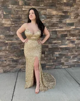 Вечерни рокли със златни пайети, големи Размери 2023, дълъг V-образно деколте, секси спагети-колан, Русалка с висока цепка, вечерни рокли за бала