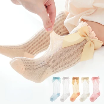 Чорапи със средна дължина, за момичета, меки памучни чорапи с дишаща мрежа и лъкове, летни сладки чорапогащи с дълги ръкави за бебета от 0 до 3 години
