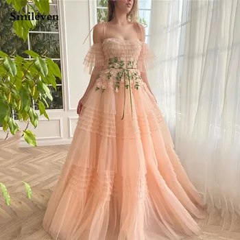 Smileven Розови рокли за спагети презрамки за бала трапецовидна форма с пластове 3D цветя, вечерна рокля без ръкави, рокли за абитуриентски бал 2023