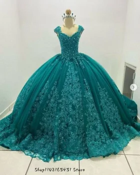 Смарагд фантазийные буйни рокли 2023, Апликация на принцеса, расшитая мъниста, чрез шнурове, Църковен влак, Сладки 16 Бала, мексикански рокля 15