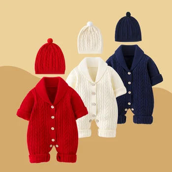 Есенно-зимна топла детски дрехи, вязаный гащеризон за новородено, гащеризон с дълъг ръкав за малки момчета и момичета + капачка, есенно-пролетни тоалети