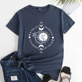 Козметична риза в стил бохо с Луната и Слънцето, годината на реколтата дамски тениски с астрологически модел, Небесна ведьмовская фаза на Луната, природа, топ тениска