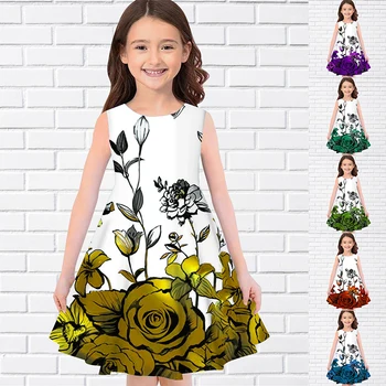 2022 Летни рокли с 3D-принтом за момичета, детски празник на принцеса рокля без ръкави на бретелях с 3D-принтом, красиво розово-бяла Рокля