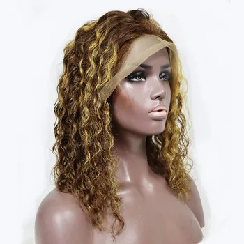 Дълбоки, вълнообразни дантела пред перука от човешка коса в стил боб, кора от лимон, 4/27 бразилски коса, прозрачни дантелени перуки за чернокожите жени и момичета